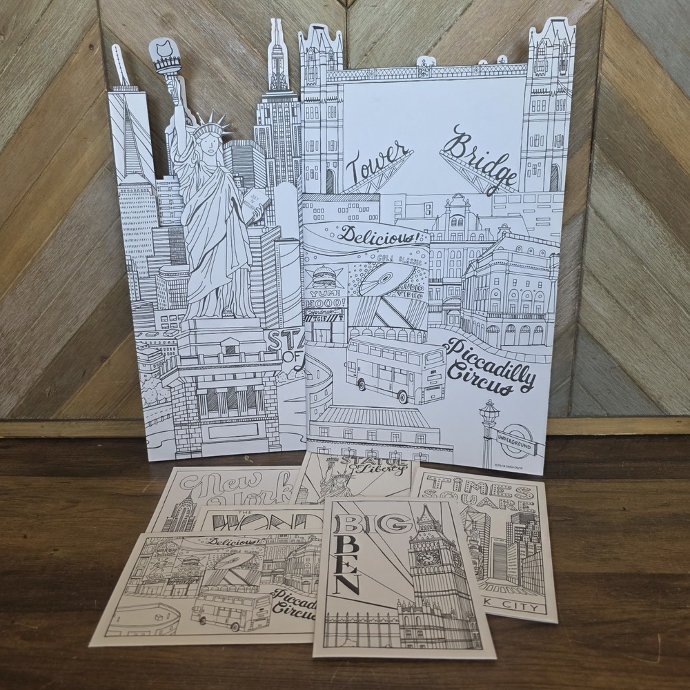 New York & London 2 Sided Black & White Foldable Coloring Stand Up & Postcards